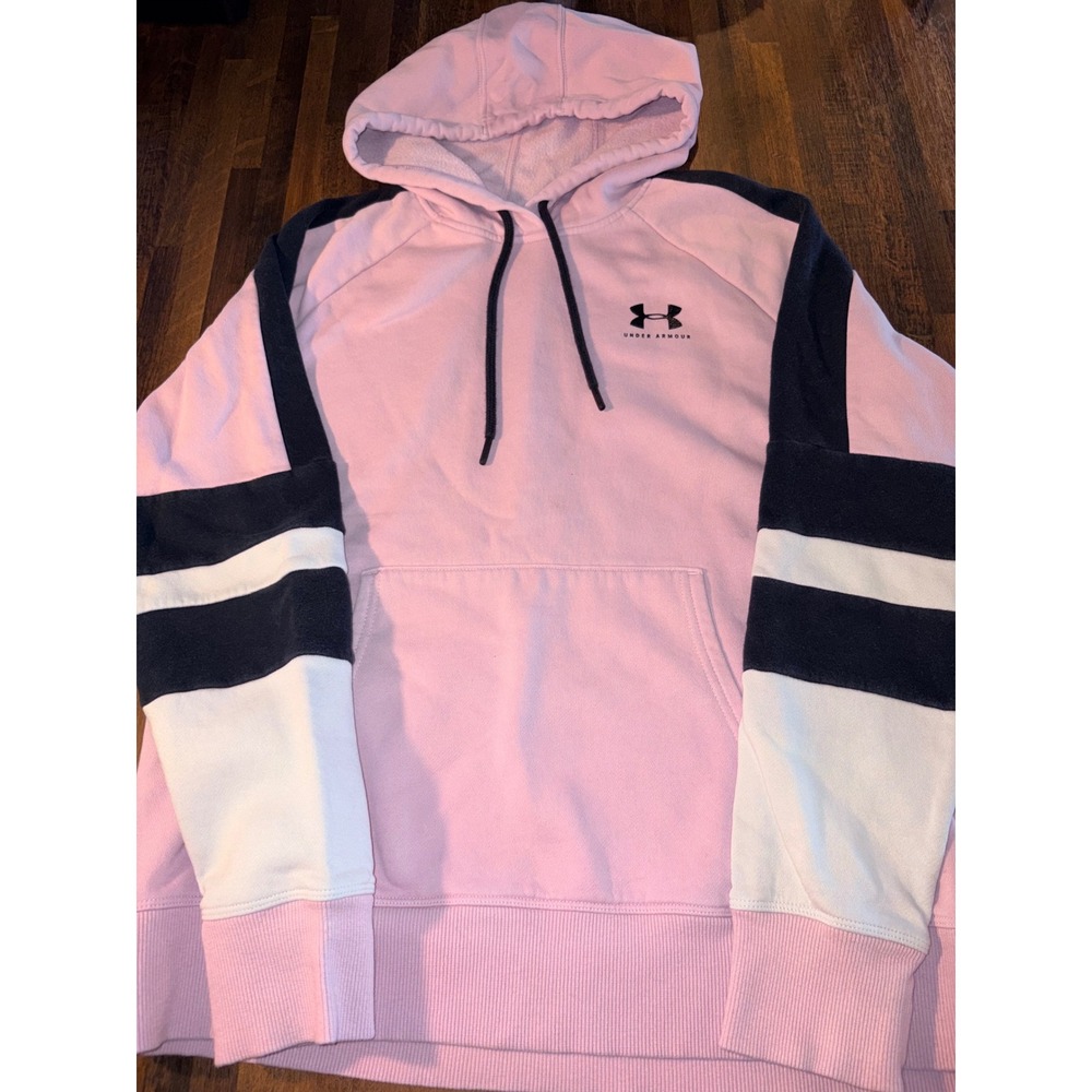 Under Armour Pink Rival Fleece Hoodie Varsity Stripe Pullover Sweatshirt Medium
